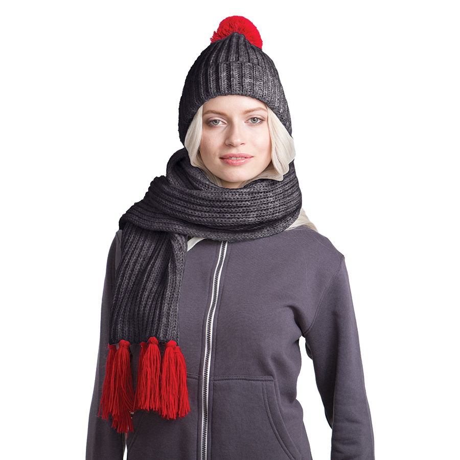 GoSnow, вязаный комплект шарф и шапка, антрацит c фурнитурой красный с логотипом или изображением