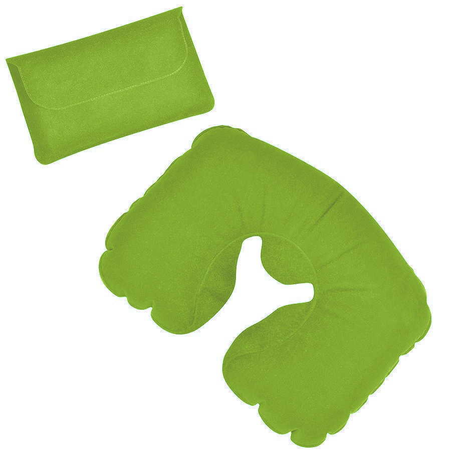 Подушка надувная дорожная в футляре; ярко-зеленый; 43,5х27,5 см; твил; шелкография с логотипом или изображением