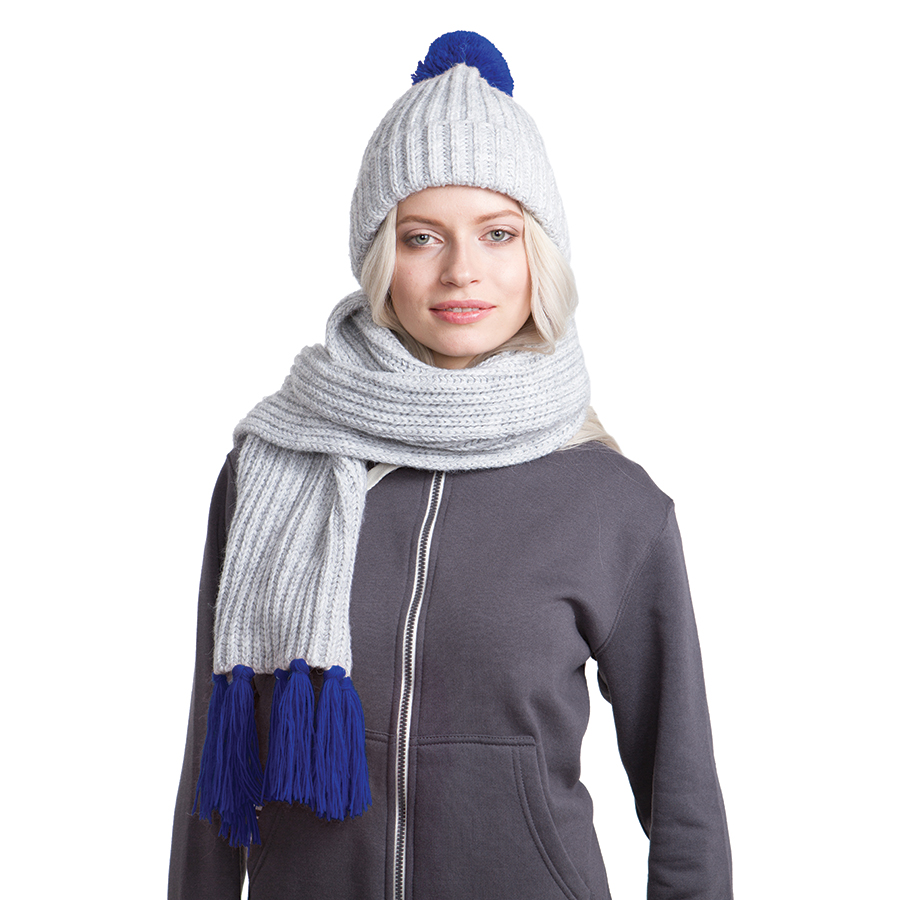 GoSnow, вязаный комплект шарф и шапка, меланж c фурнитурой синий с логотипом или изображением